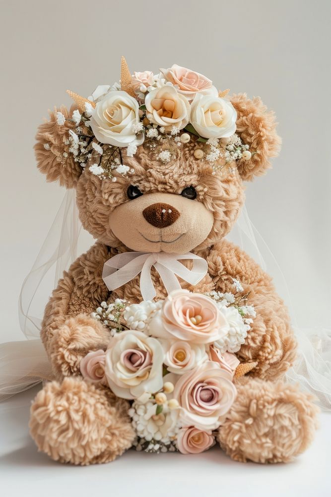 Stuffed doll teddy wedding blossom flower plant.