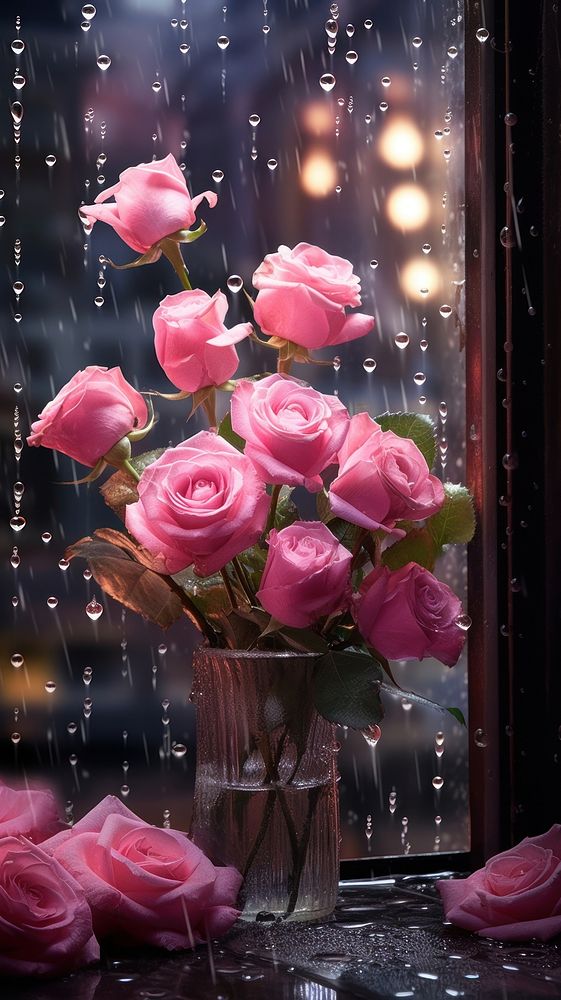 Rain scene with roses valentines-day flower windowsill blossom plant.