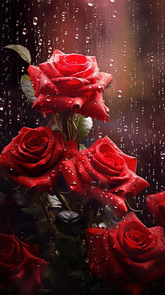 Rain scene with roses valentines-day blossom flower plant.