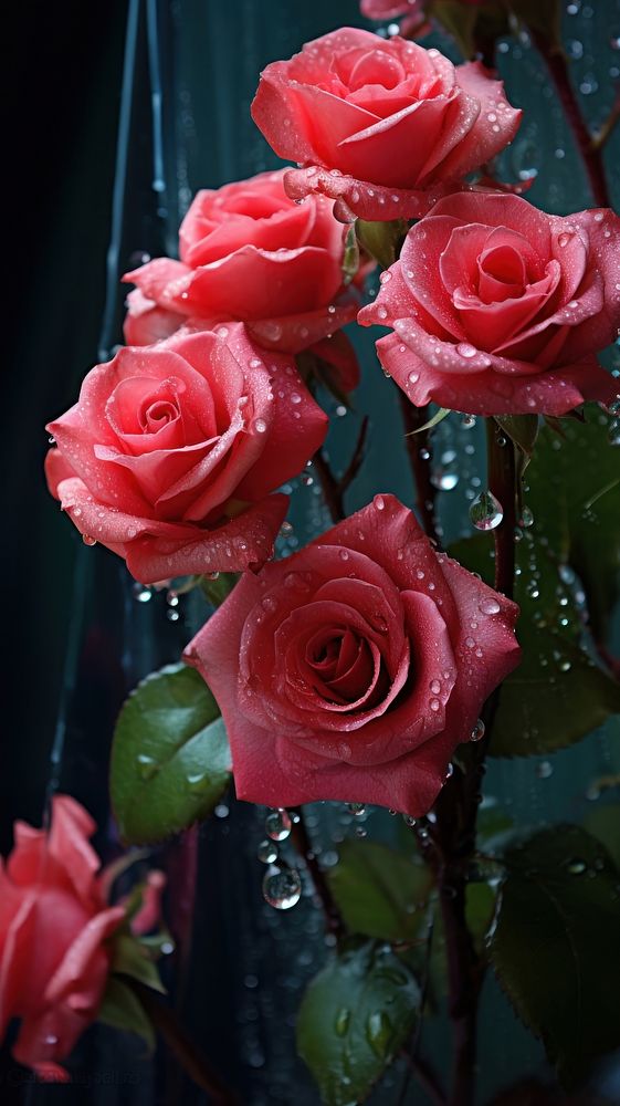Rain scene with roses valentines-day blossom flower plant.