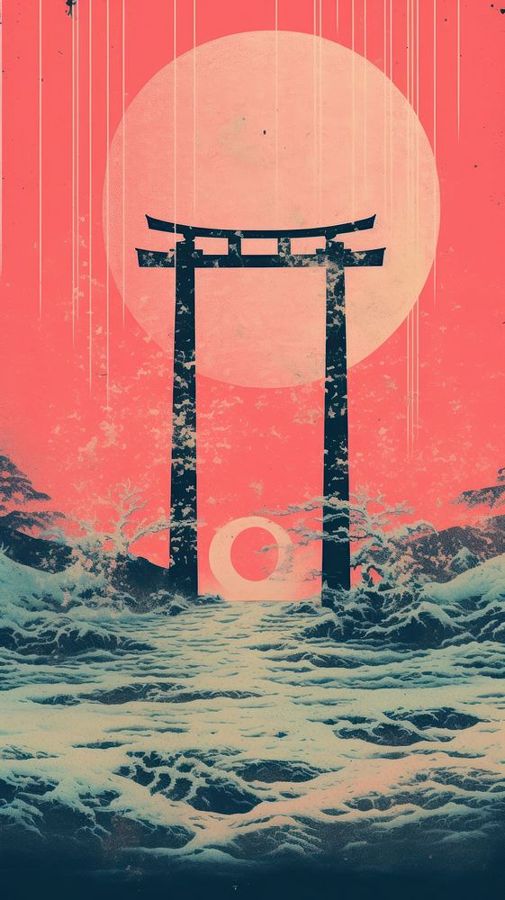 Torii gate with Risograph outdoors torii advertisement.