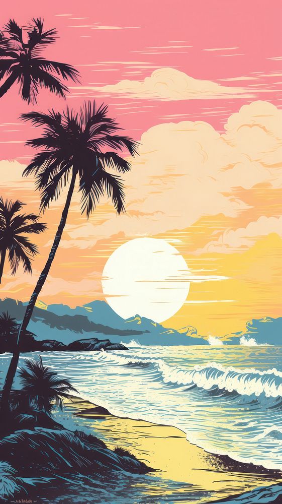 Beach with Risograph style landscape outdoors sunset.