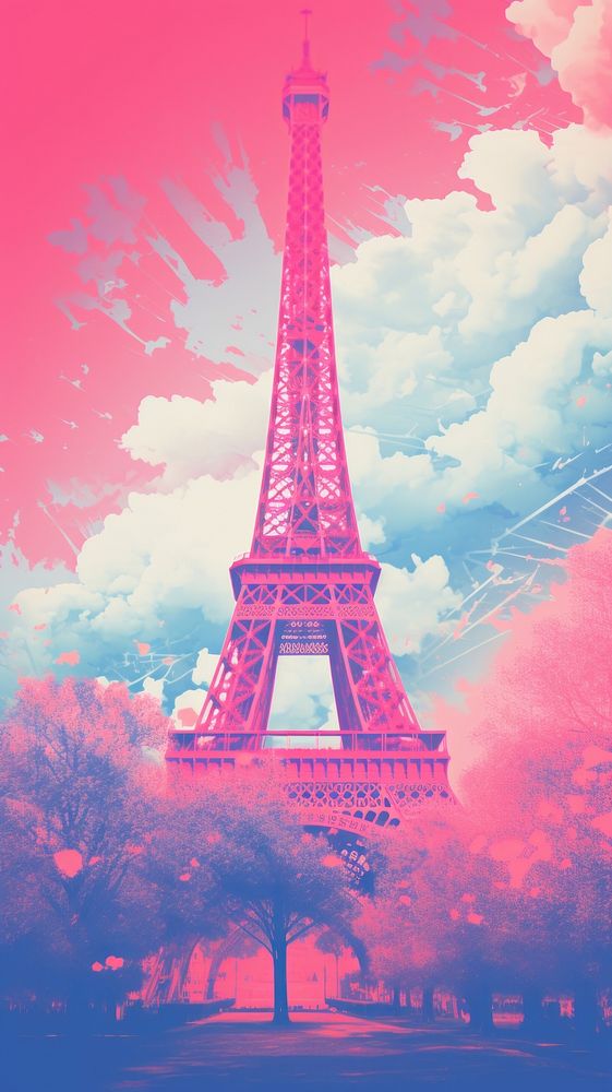 Eiffel tower with Risograph architecture building outdoors.