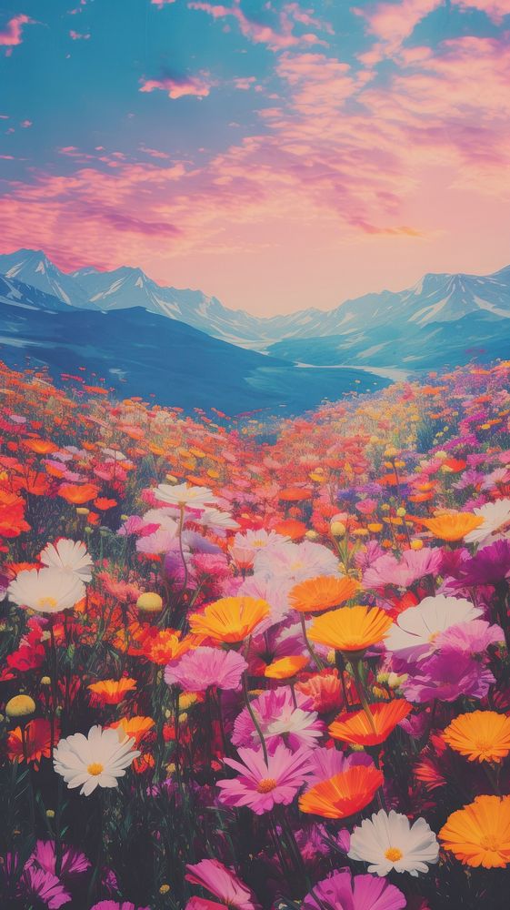 Flower feild with Risograph landscape outdoors nature.