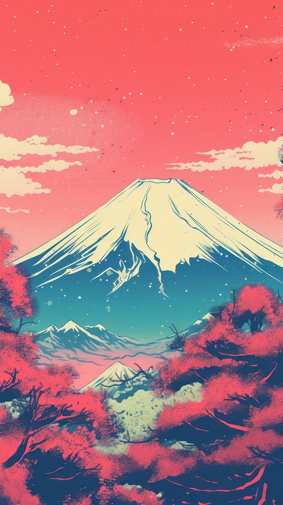 Fuji with Risograph style landscape mountain outdoors.
