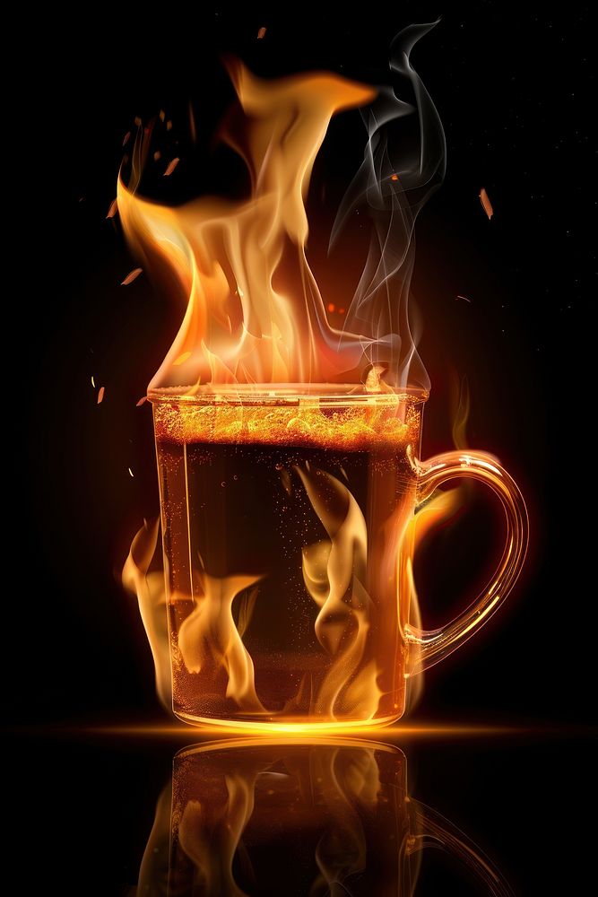 Photo of plastic mug flame fire beverage.