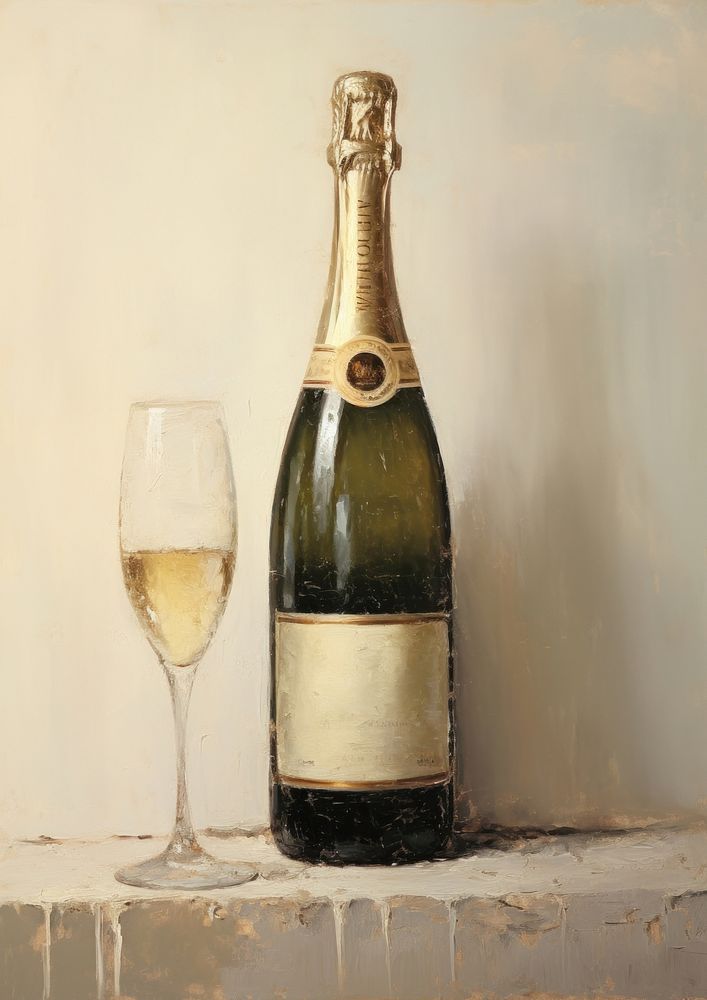 Oil painting of a close up on pale a champagne bottle beverage weaponry.