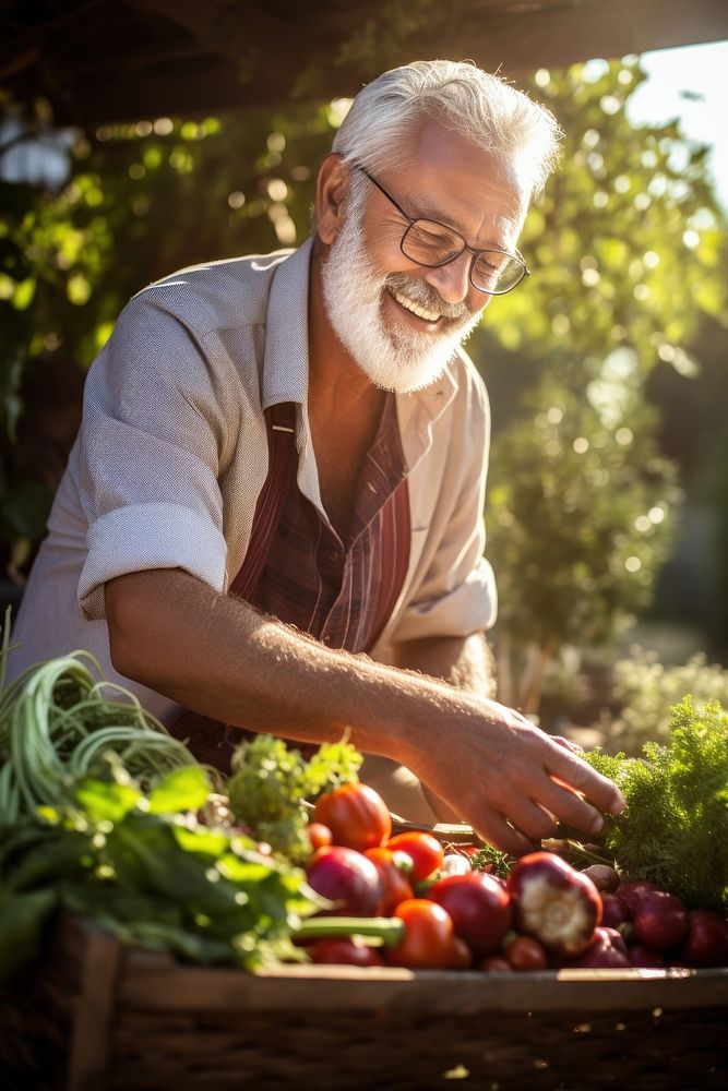 A senior man picking up fresh vegetable accessories gardening accessory.