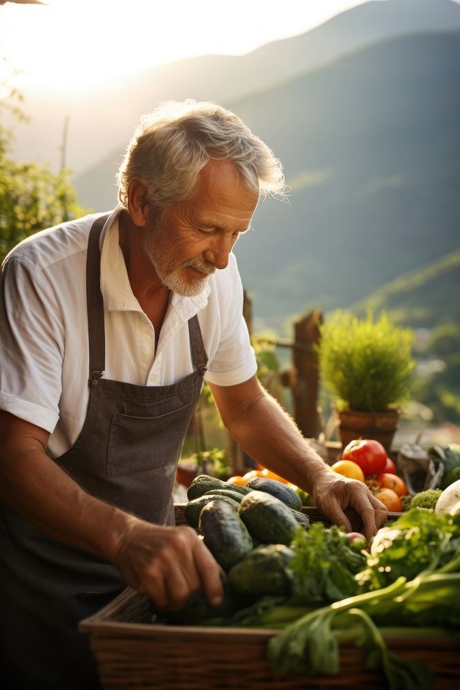 A senior man picking up fresh vegetable gardening outdoors person.