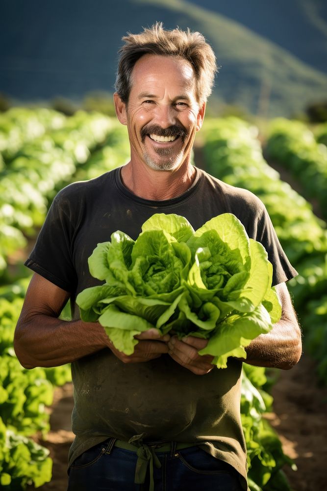 A happy man holding fresh butter head lettuces vegetable produce person.
