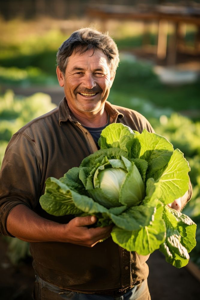A happy Farmer holding fresh butter head lettuces vegetable produce person.