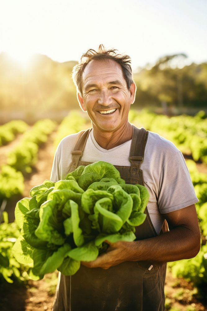 A happy Farmer holding fresh butter head lettuces vegetable outdoors produce.