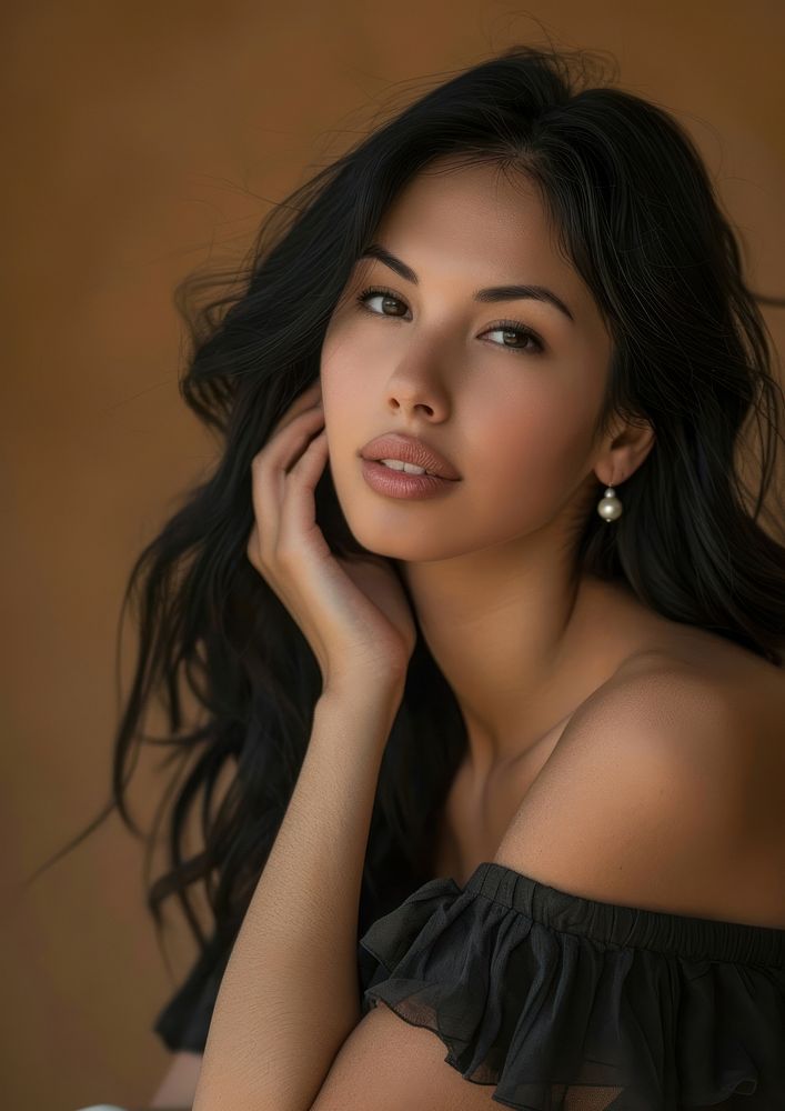 Volumetric attractive elegant Hispanic woman photography shoulder.