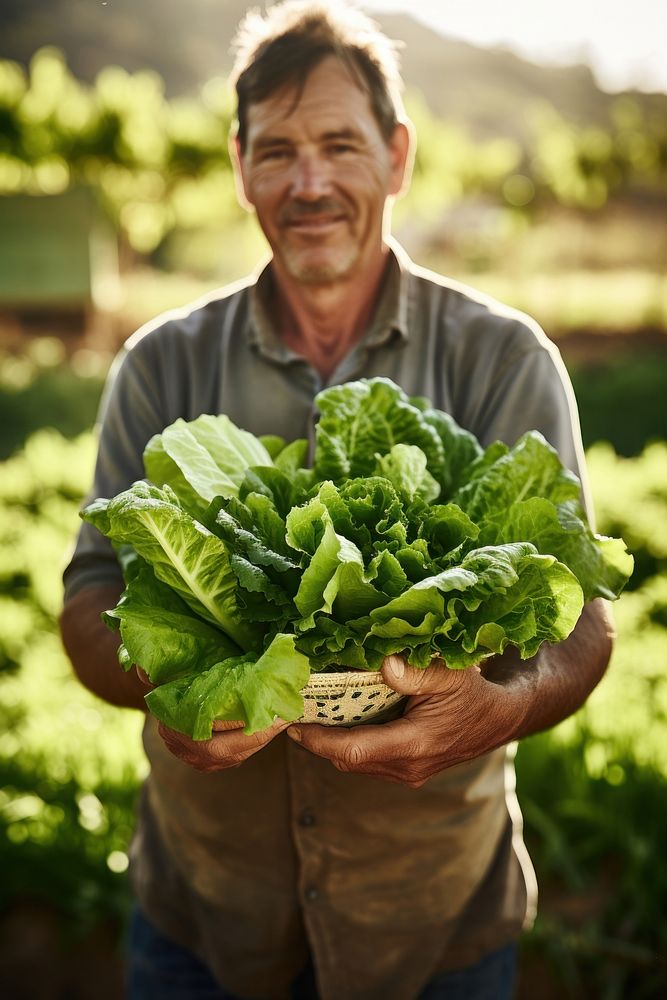Farmer holding fresh butter head lettuces vegetable produce person.