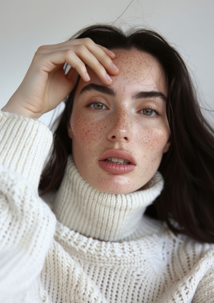 Latinx woman is wearing white turtleneck sweater volumetric freckle head.
