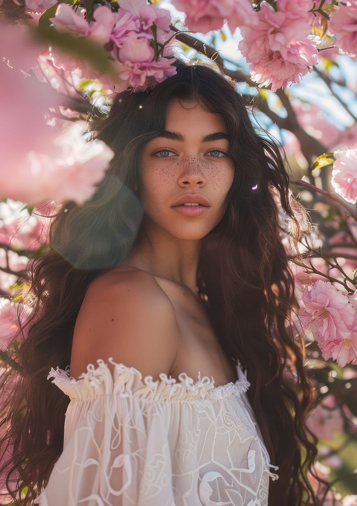 Latinx woman is wearing off white dress volumetric photography blossom.