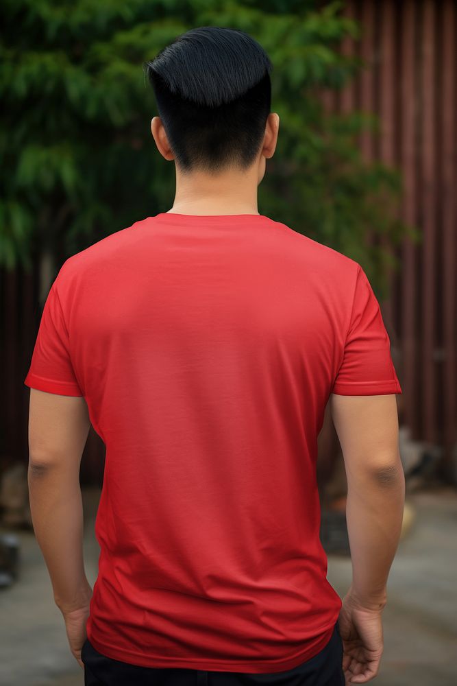 Man in red t-shirt rear view
