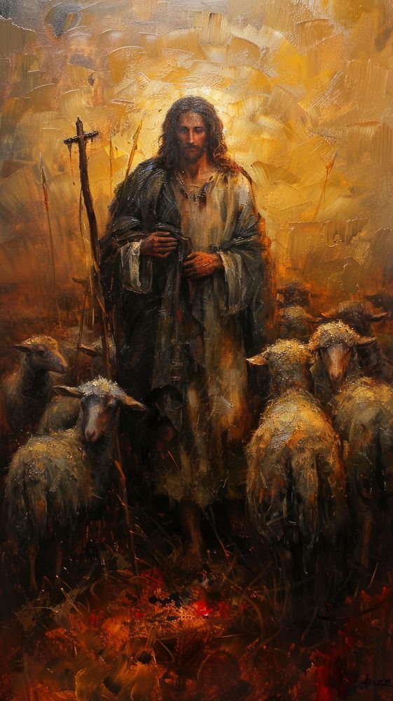 Oil painting Jesus is the good shepherd photography livestock.