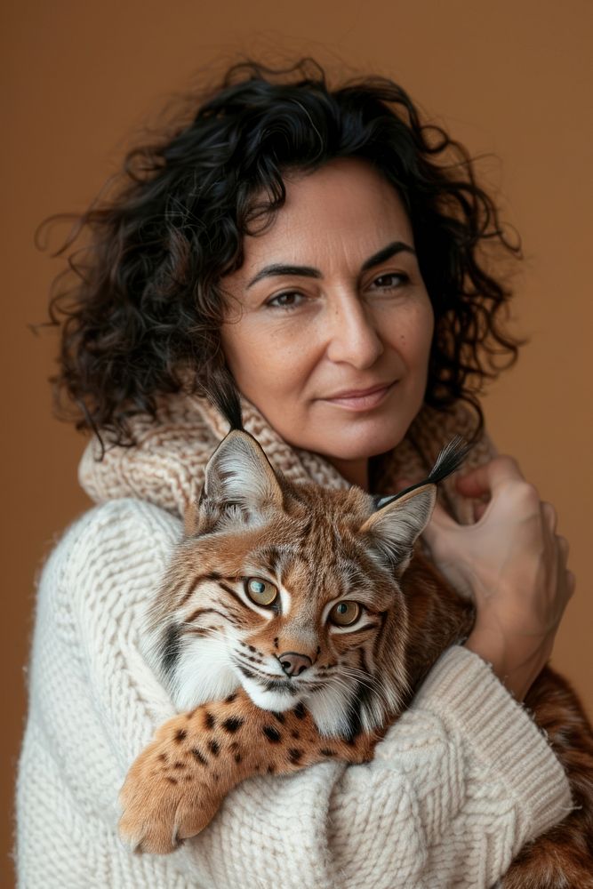 Holding a pet lynx portrait photo photography.