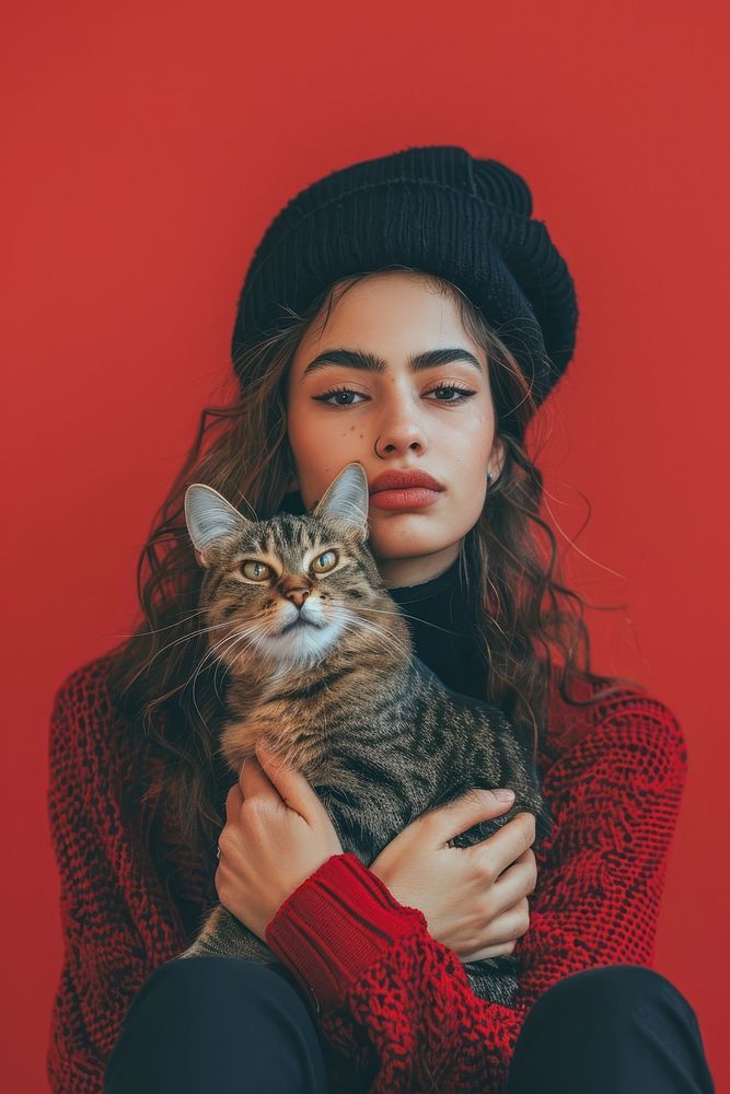 Sitting holding a cat portrait photo pet.