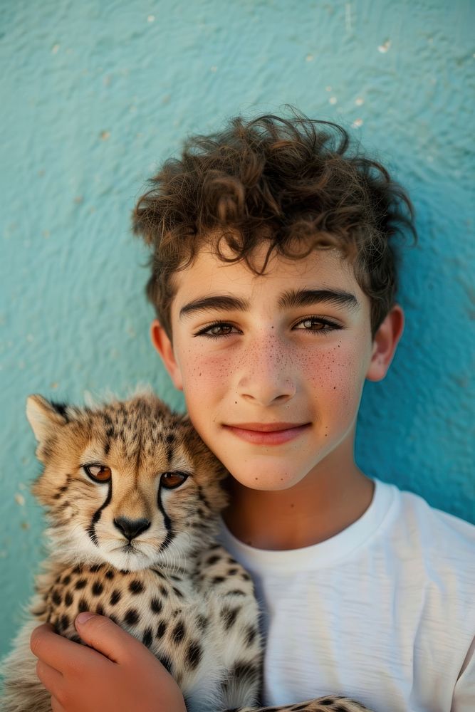 Holding a baby cheetah portrait photo boy.