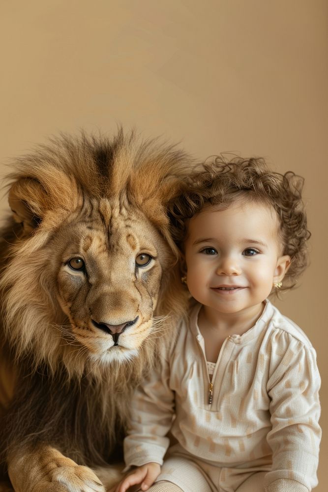 Sitting beside baby lion photo photography portrait.