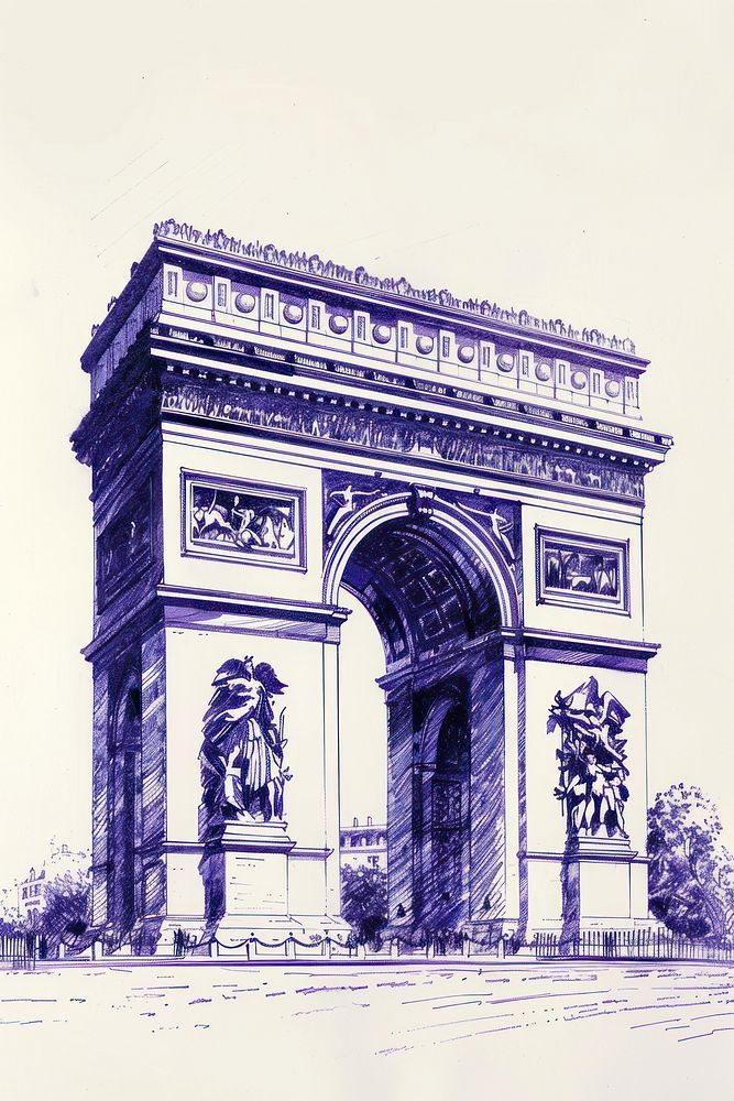 Vintage drawing Arc de triomphe architecture landmark building.