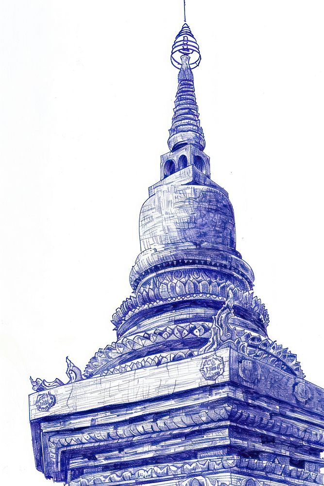 Vintage drawing stupa architecture monastery building.
