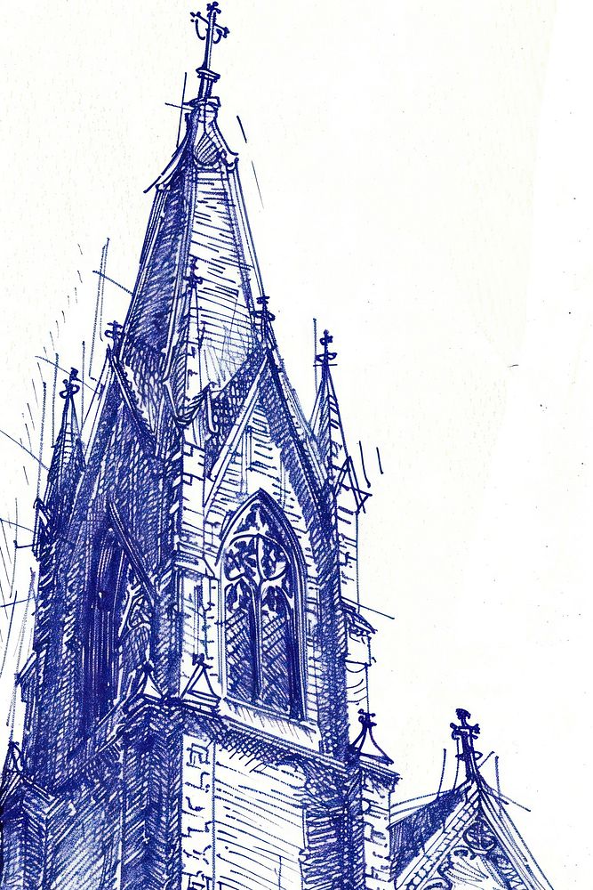 Vintage drawing Gothic church architecture illustrated building.