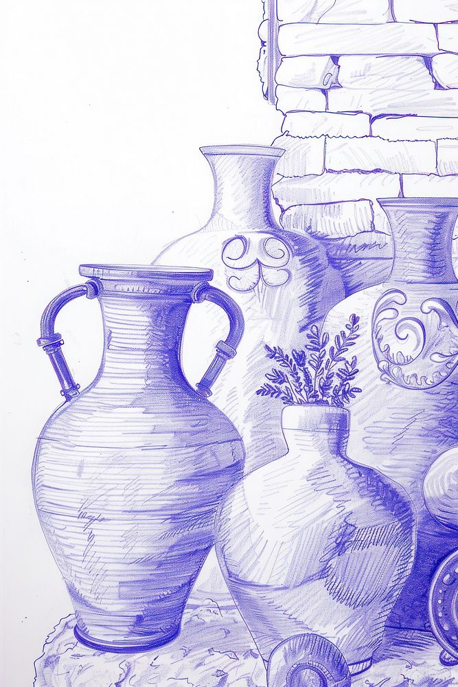 Vintage drawing amphoras illustrated beverage pottery.