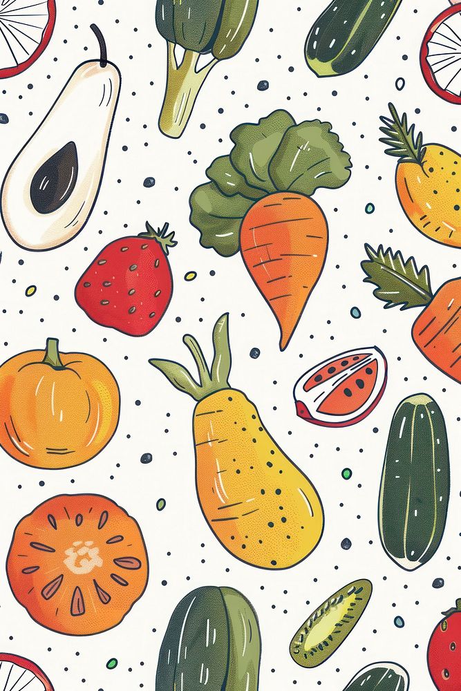 Fruit and vegetable illustrated produce drawing.