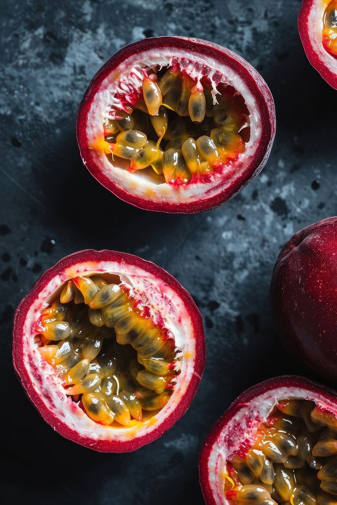 Passion fruit pomegranate produce cricket.
