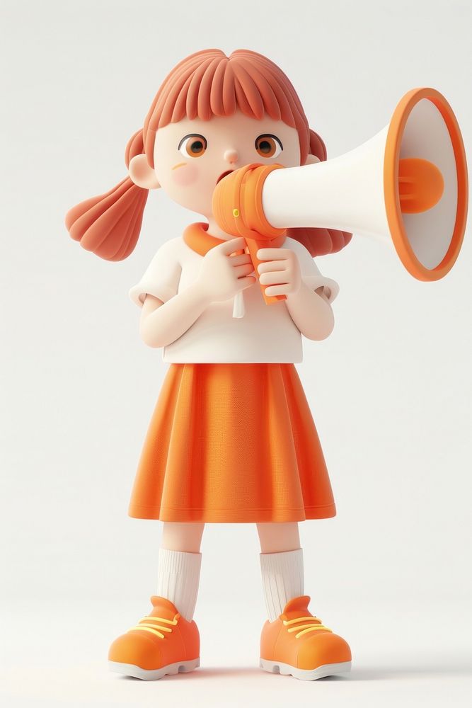 Woman holding megaphone standing cute face.