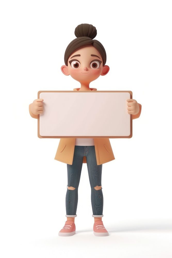 Young woman holding board standing cute white background.