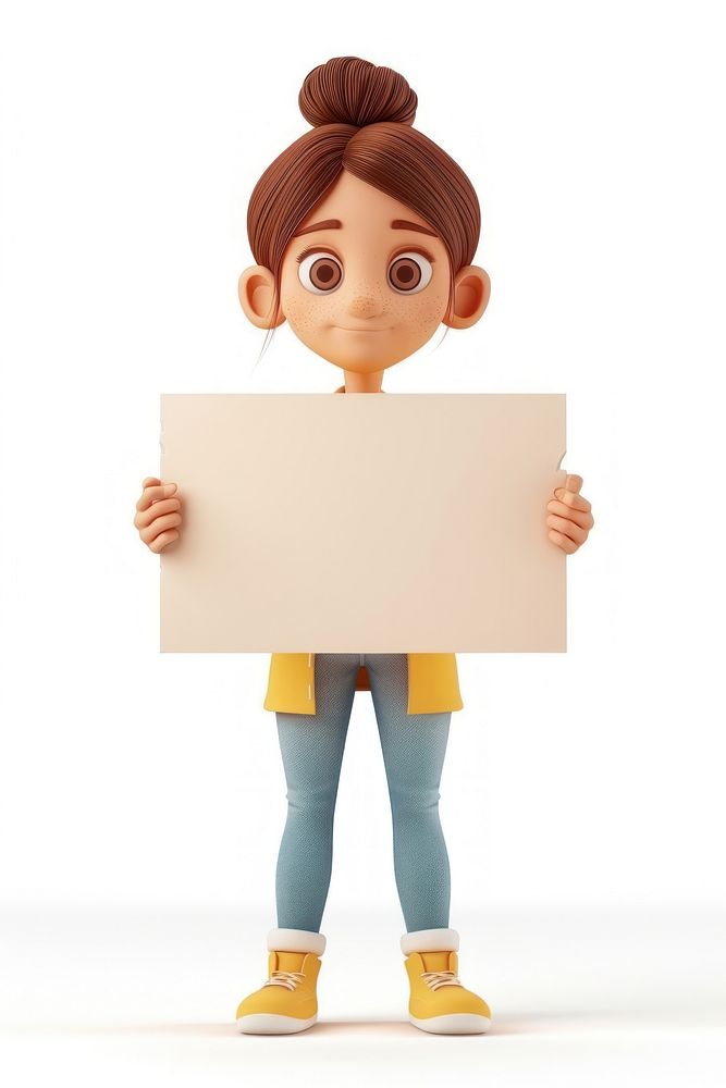 Young woman holding board standing cute toy.