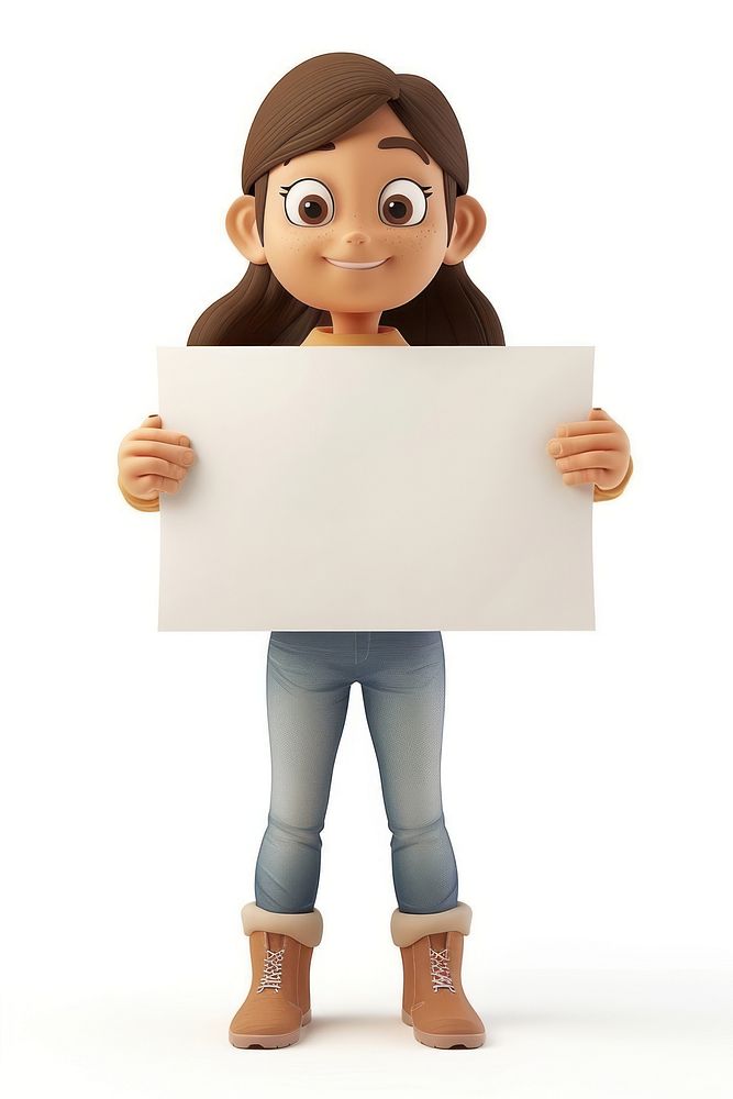 Young woman holding board standing cute white background.
