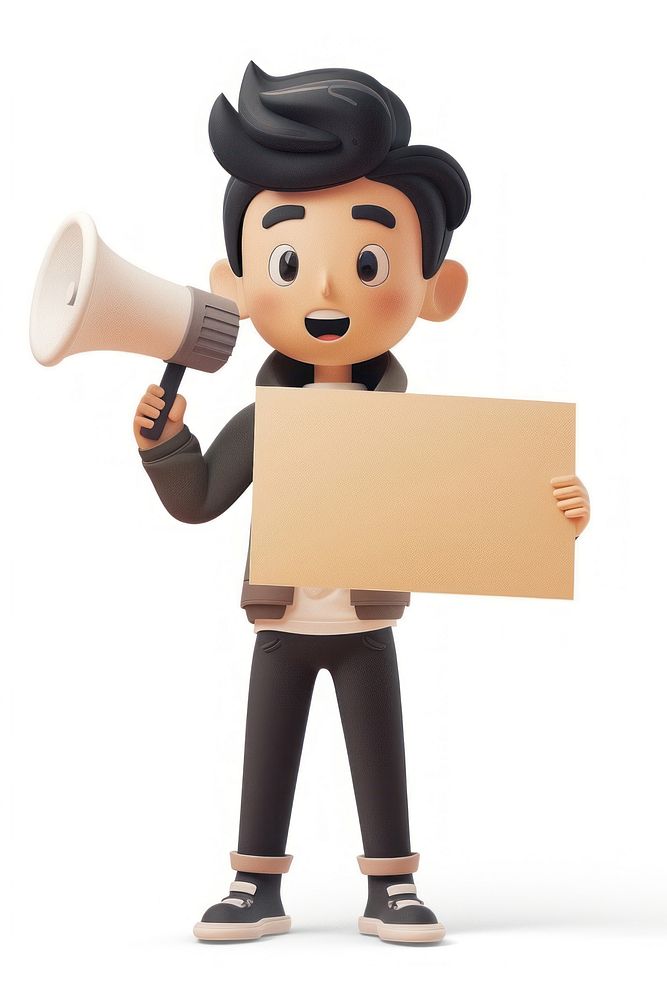 Man holding megaphone standing face white background.