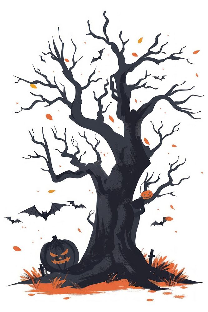 Spooky tree halloween drawing sketch.
