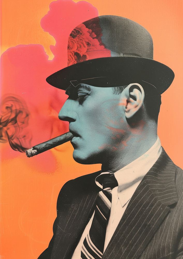 Retro collage of a man smoking portrait adult.