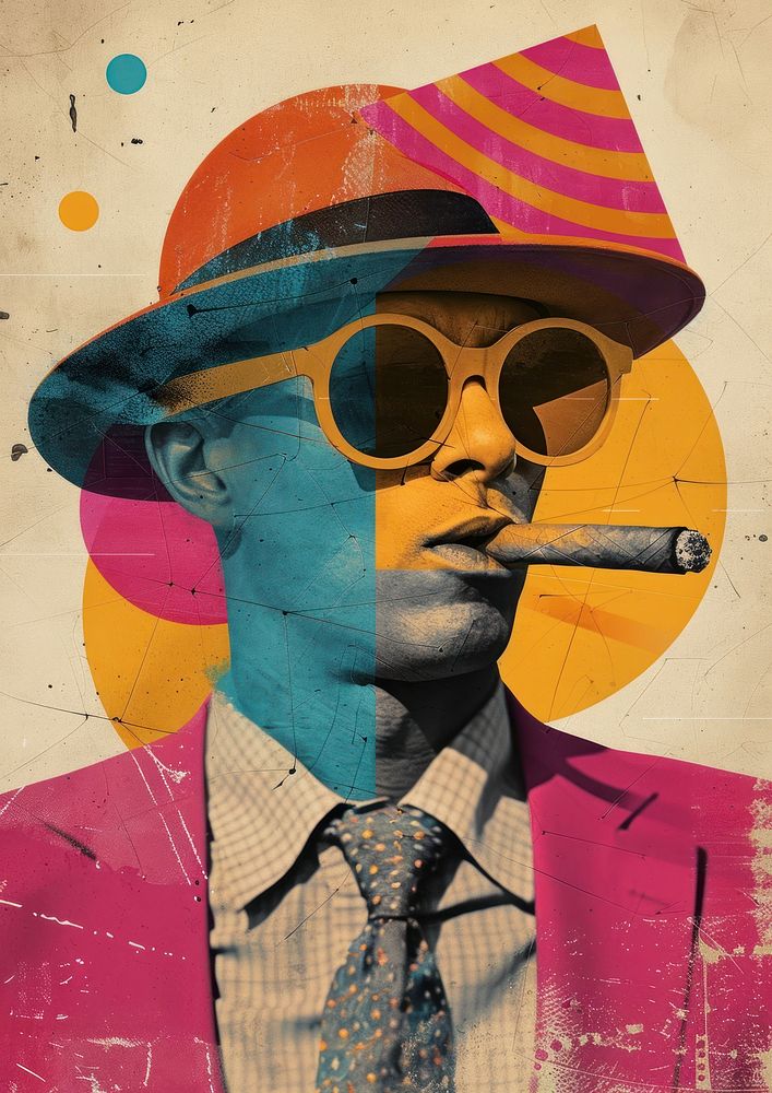 Retro collage of a man art portrait cigar.