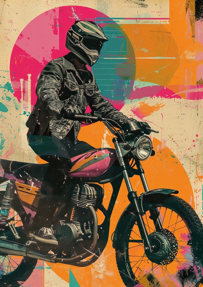 Retro collage of a biker man art motorcycle painting.