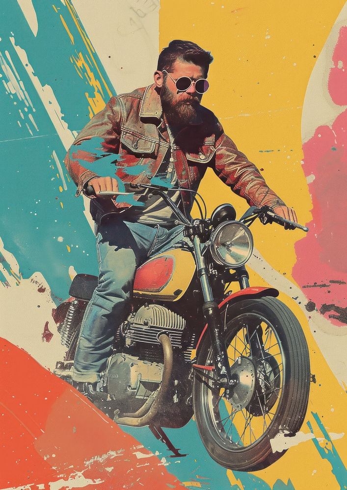Retro collage of a biker man motorcycle portrait vehicle.