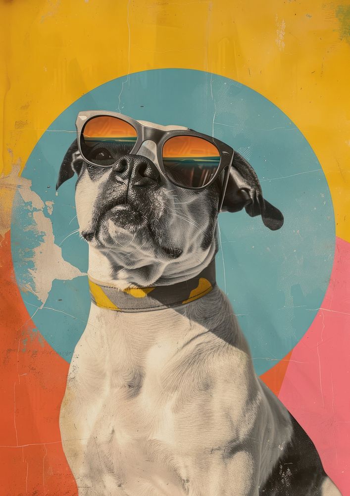 Retro collage of a dog sunglasses art painting.