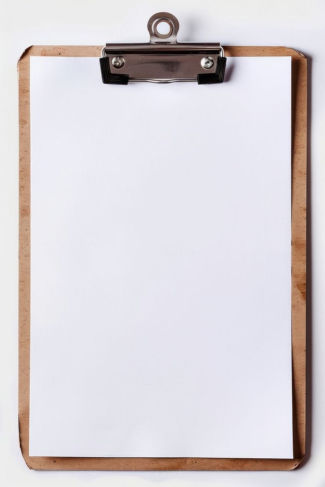 Blank paper on clipboard white background document absence.