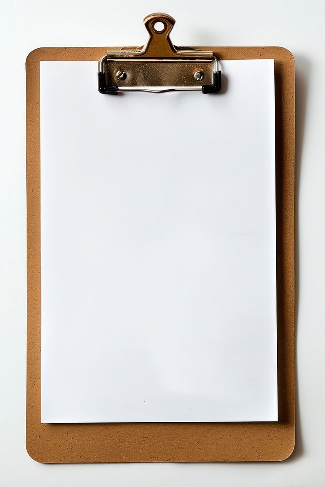 Blank paper on clipboard white background blackboard rectangle.