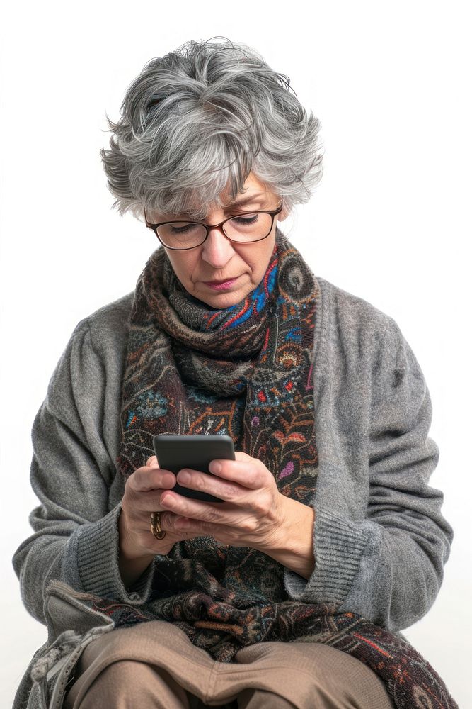 Adult playing smartphone portrait glasses sweater.
