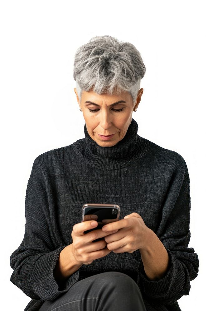 Adult playing smartphone portrait sweater photo.