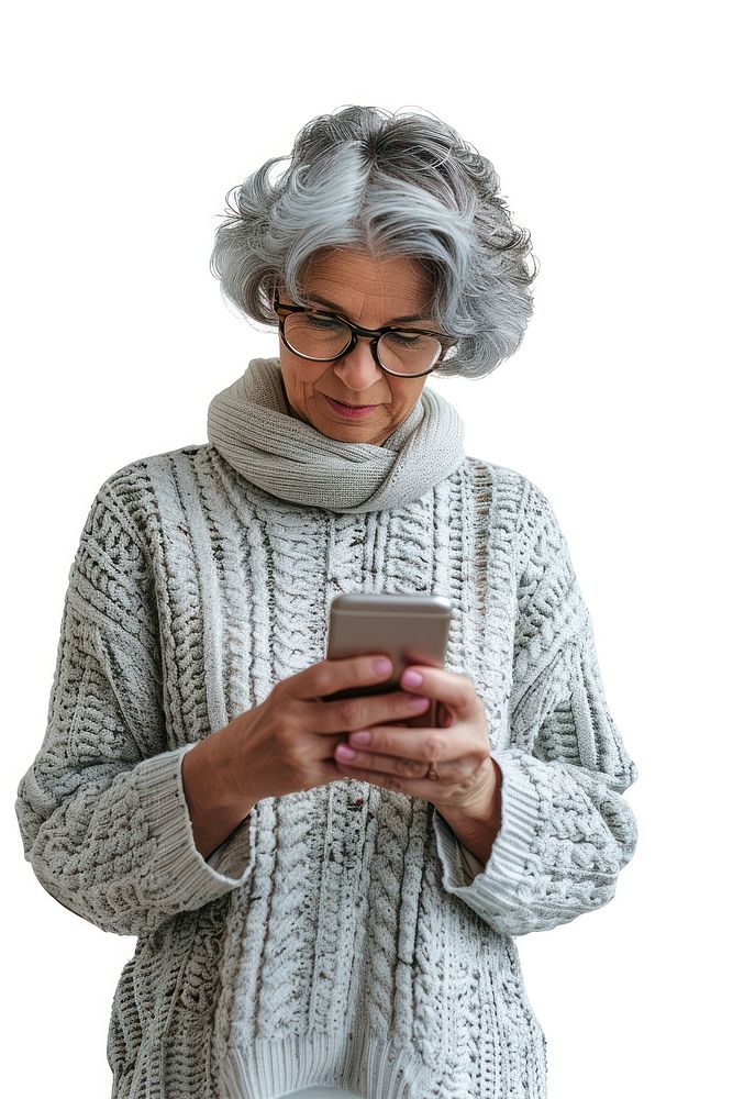 Adult playing smartphone sweater white photo.