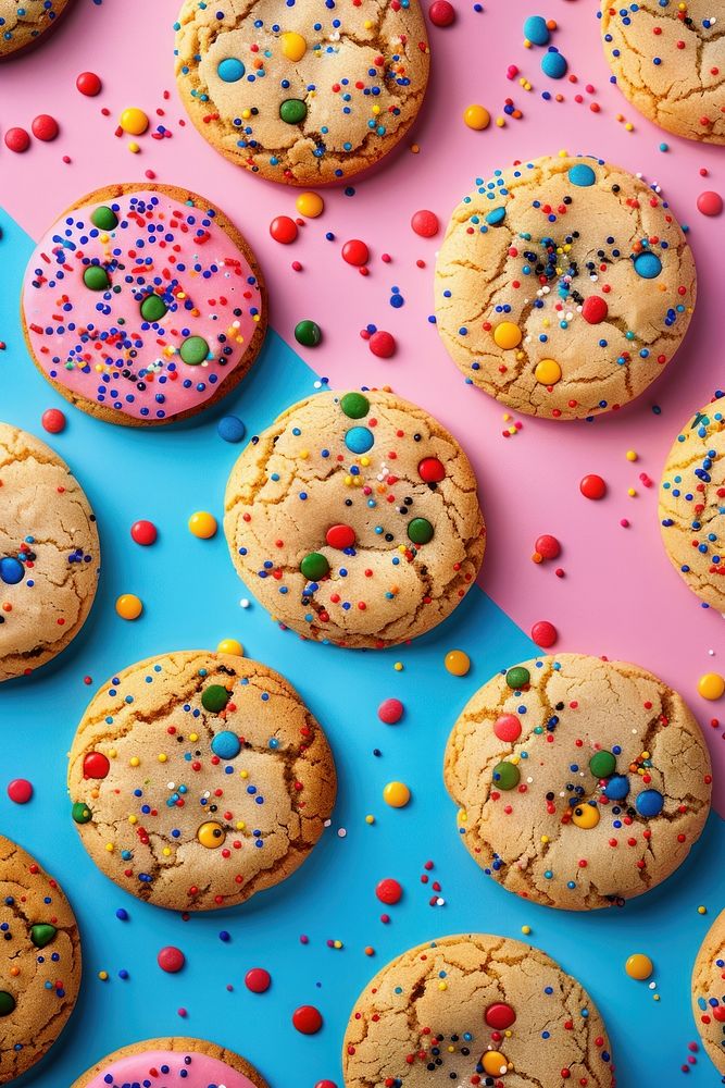 Delicious cookies arrangement sprinkles dessert biscuit.