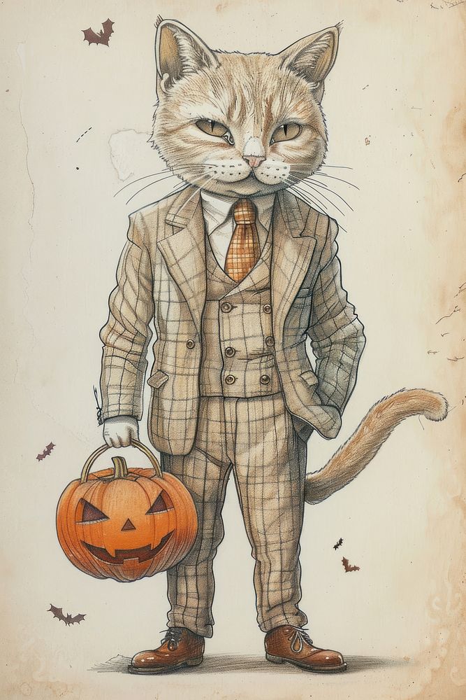 Cat character halloween suit drawing sketch illustrated.